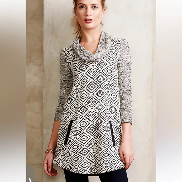 Anthropologie‎ cowl neck tunic gray and white Aztec print sweater 100% cotton XS - Picture 1 of 10